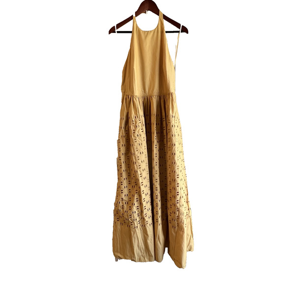 NWT A.L.C Blair eyelet Halter Mustard Yellow Maxi Coquette statement dress Sz-14 - Picture 2 of 15